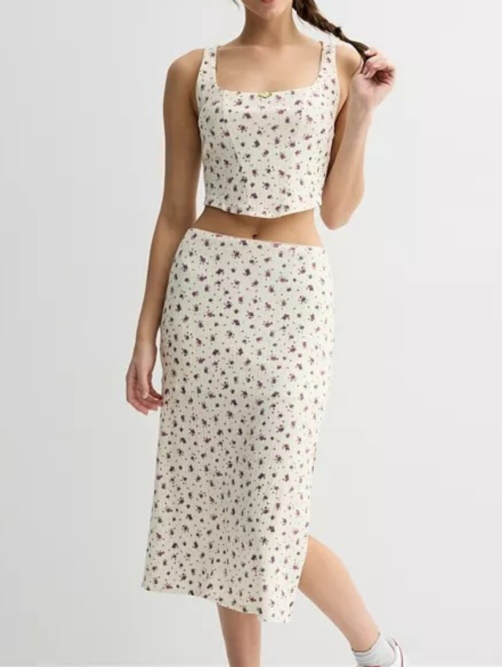 Floral Cream Midi Skirt - Sleeveless Set